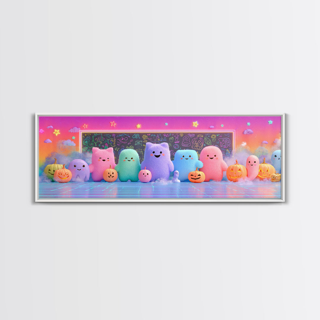 The Little Monster School, Retro Neon Halloween Art, Extra Wide Wall Art, Canvas Print, Retro Halloween Decor, Neon Wall Art