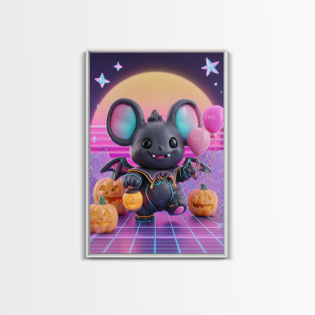 The Bat Balloon Factory, Cute Spooky Neon Art, Vertical Wall Art, Canvas Print, Retro Halloween Decor, Neon Wall Art, Collectible Wall Decor