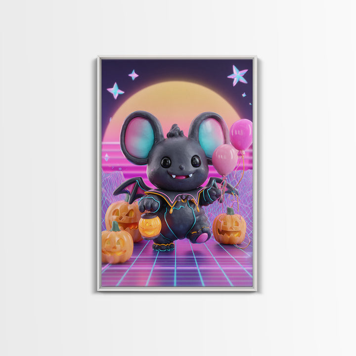 The Bat Balloon Factory, Cute Spooky Neon Art, Vertical Wall Art, Canvas Print, Retro Halloween Decor, Neon Wall Art, Collectible Wall Decor
