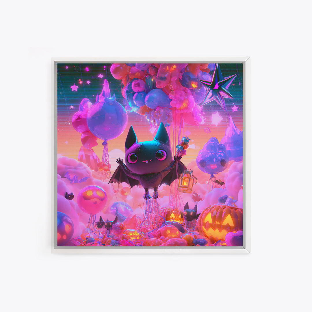 The Bat Balloon Factory, Synthwave Halloween Art, Square Wall Art, Canvas Print, Retro Halloween Decor, Neon Wall Art, Macabre Wall Art