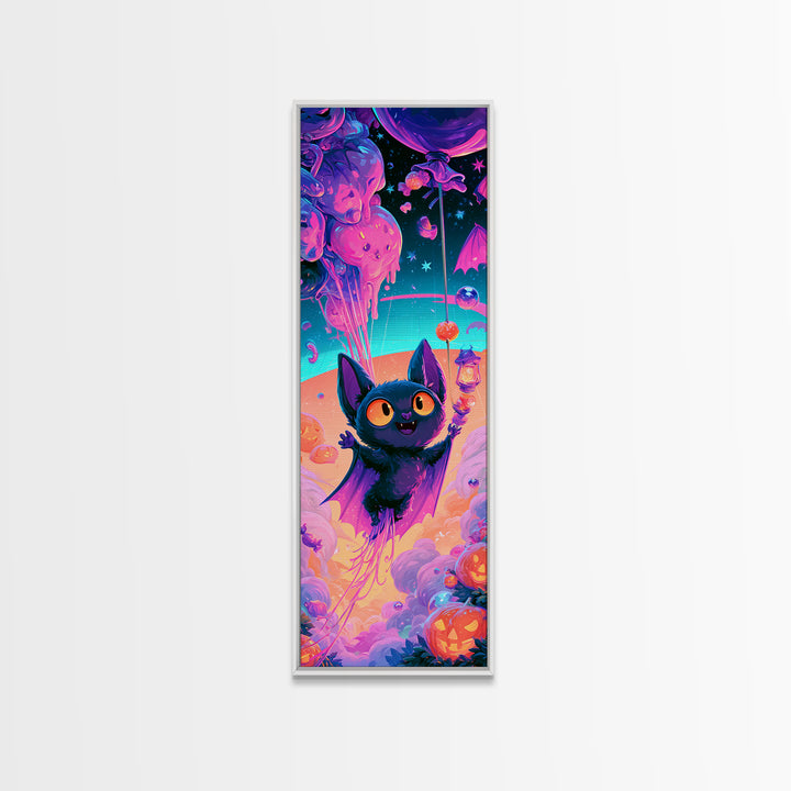 The Bat Balloon Factory, Cute Spooky Neon Art, Tall Narrow Wall Art, Canvas Print, Retro Halloween Decor, Neon Wall Art, Macabre Wall Art