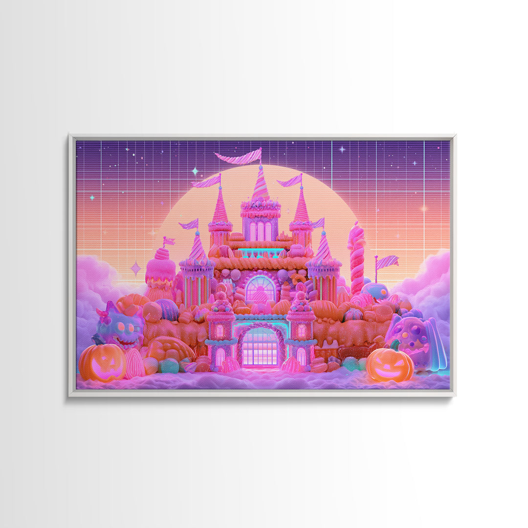 The Candy Castle, Retro Neon Halloween Art, Landscape Wall Art, Framed Canvas Print, Retro Halloween Decor, Neon Wall Art