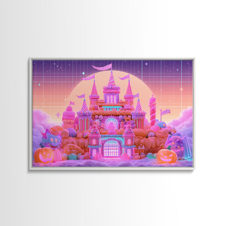 The Candy Castle, Retro Neon Halloween Art, Landscape Wall Art, Framed Canvas Print, Retro Halloween Decor, Neon Wall Art