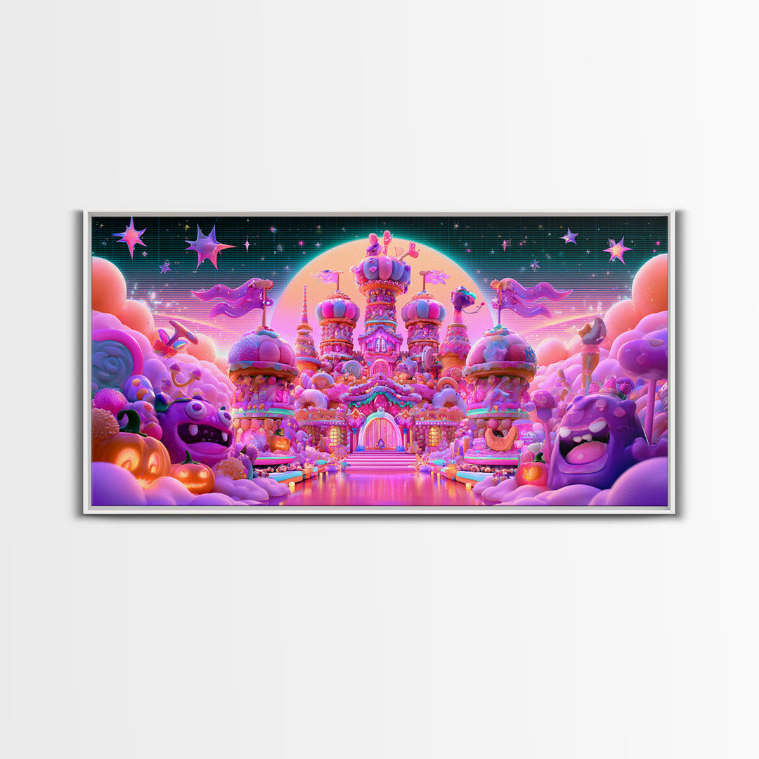 The Candy Castle, Vaporwave Halloween Decor, Wide Panoramic Art, Canvas Print, Retro Halloween Decor, Neon Wall Art, Horror Wall Art