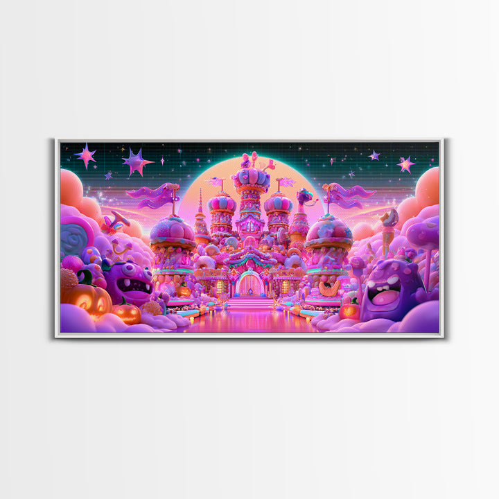 The Candy Castle, Vaporwave Halloween Decor, Wide Panoramic Art, Canvas Print, Retro Halloween Decor, Neon Wall Art, Horror Wall Art