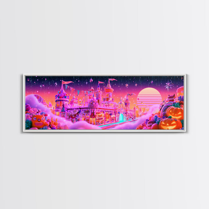 The Candy Castle, Vaporwave Halloween Decor, Extra Wide Wall Art, Canvas Print, Retro Halloween Decor, Neon Wall Art, Spooky Wall Decor