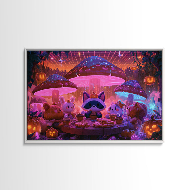 The Friendly Forest Cafe, Synthwave Halloween Art, Landscape Wall Art, Framed Canvas Print, Retro Halloween Decor, Neon Wall Art