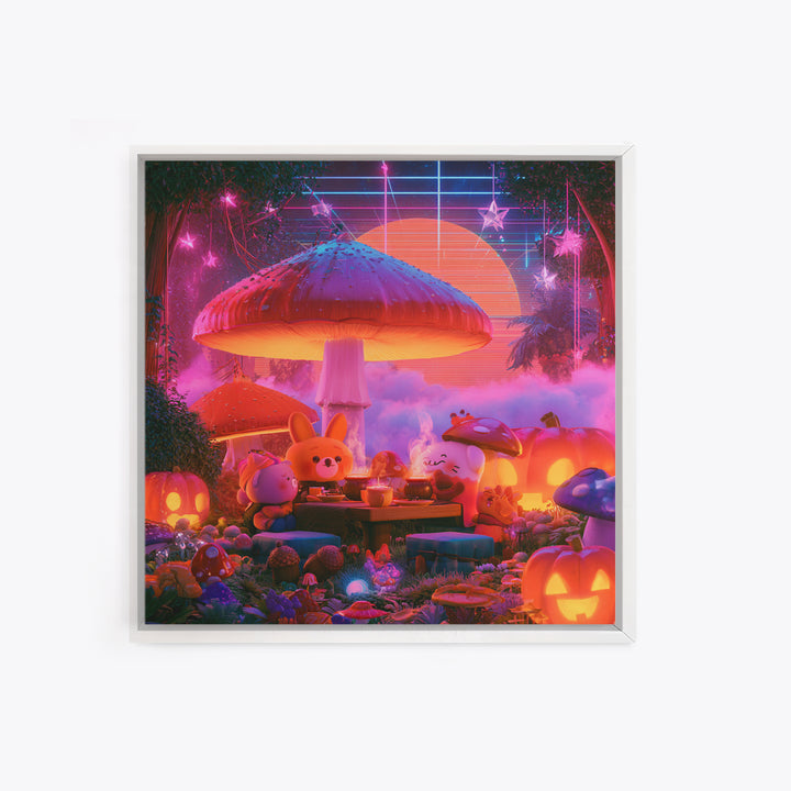 The Friendly Forest Cafe, Synthwave Halloween Art, Square Wall Art, Canvas Print, Retro Halloween Decor, Neon Wall Art, Dark Fantasy Art