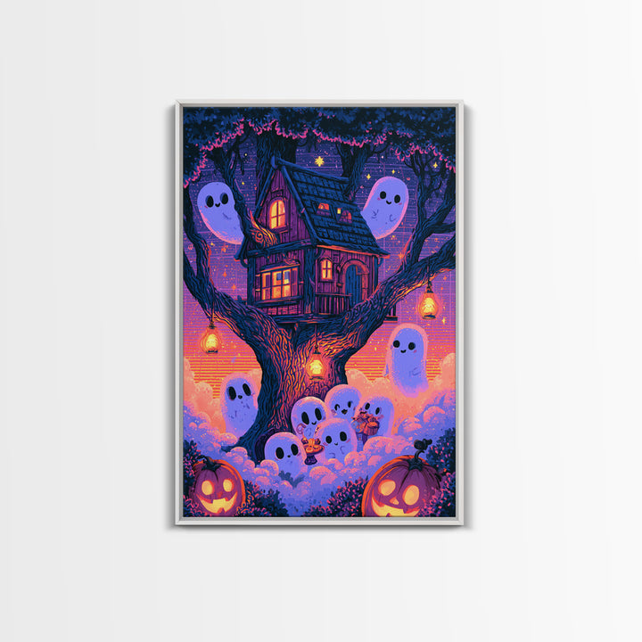 The Ghostly Treehouse, Vaporwave Halloween Decor, Vertical Wall Art, Canvas Print, Retro Halloween Decor, Neon Wall Art, Statement Wall Art