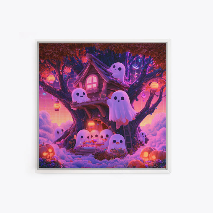 The Ghostly Treehouse, 80s Halloween Wall Art, Square Wall Art, Framed Canvas Print, Retro Halloween Decor, Neon Wall Art
