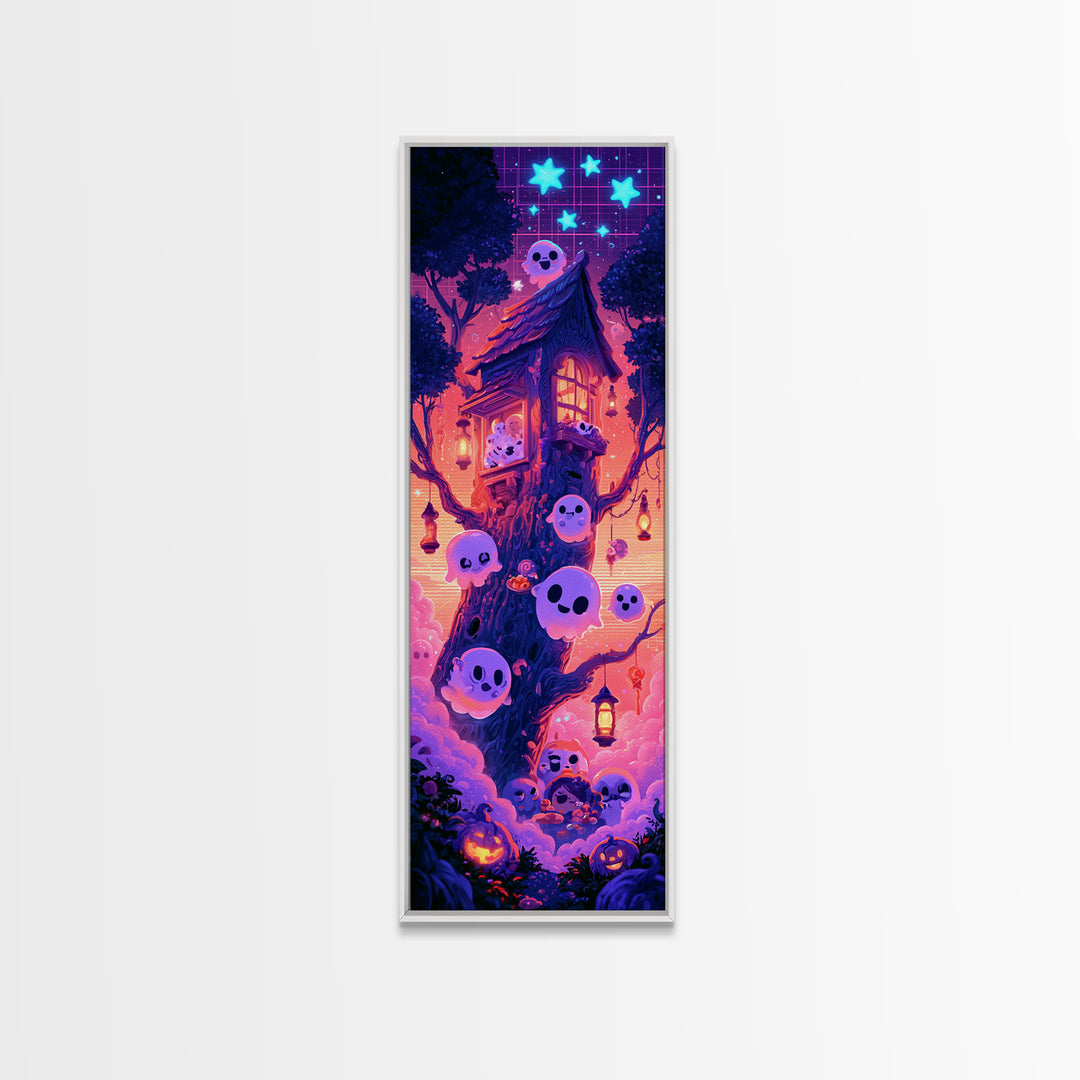 The Ghostly Treehouse, Synthwave Halloween Art, Tall Narrow Wall Art, Canvas Print, Retro Halloween Decor, Neon Wall Art, Macabre Wall Art