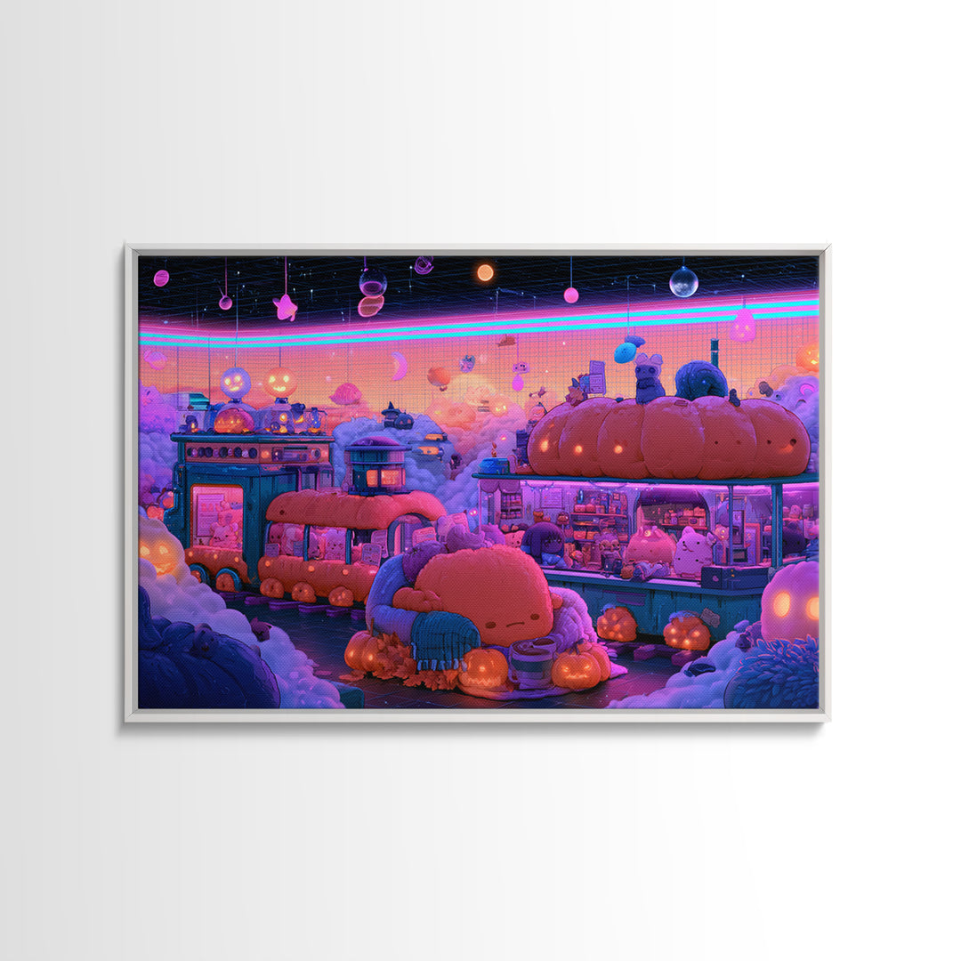 The Pumpkin Train Station, Cute Spooky Neon Art, Landscape Wall Art, Framed Canvas Print, Retro Halloween Decor, Neon Wall Art