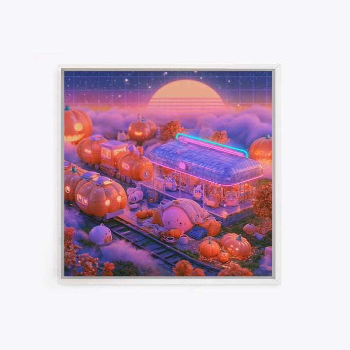The Pumpkin Train Station, Cute Spooky Neon Art, Square Wall Art, Canvas Print, Retro Halloween Decor, Neon Wall Art, Gothic Home Decor