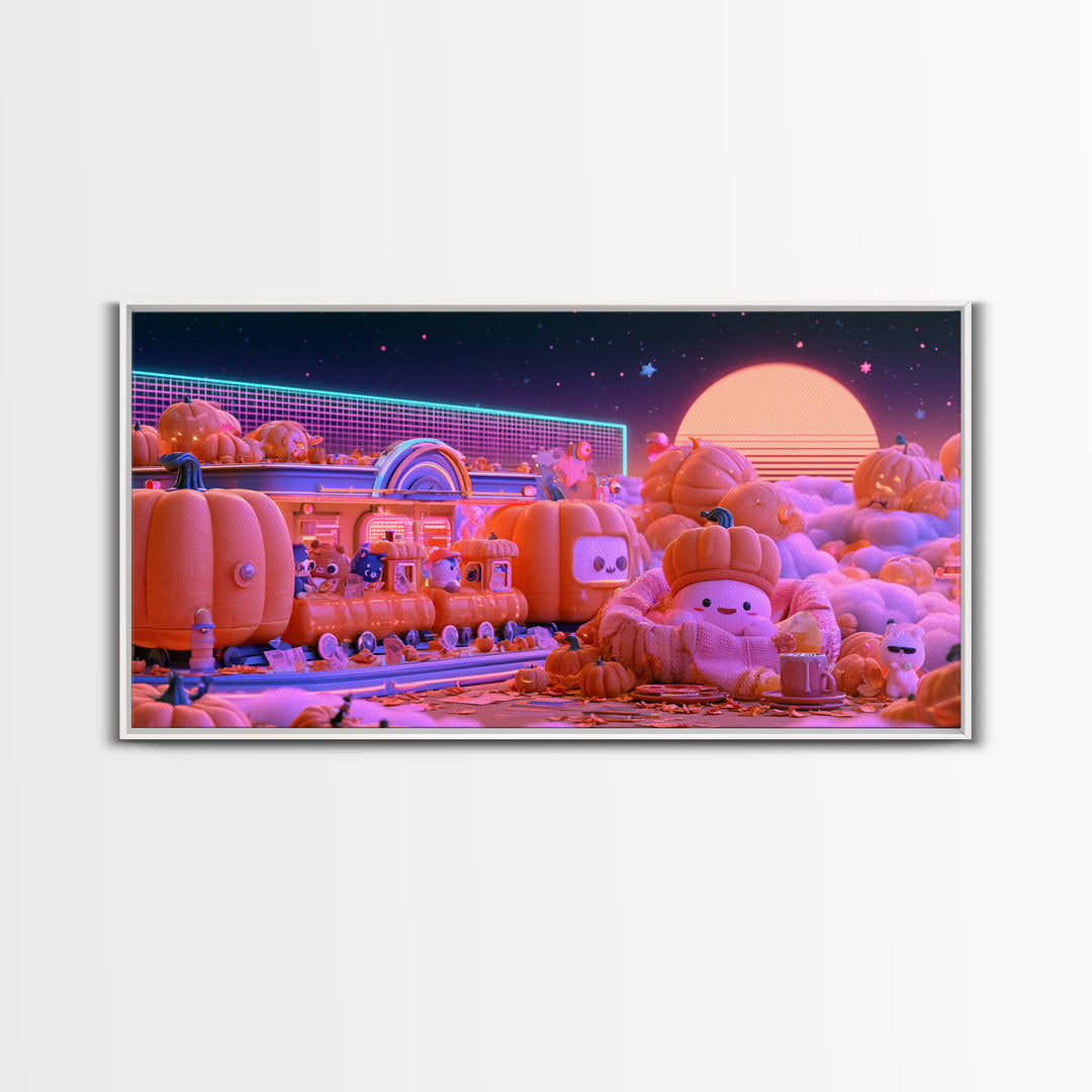 The Pumpkin Train Station, 80s Halloween Wall Art, Wide Panoramic Art, Framed Canvas Print, Retro Halloween Decor, Neon Wall Art