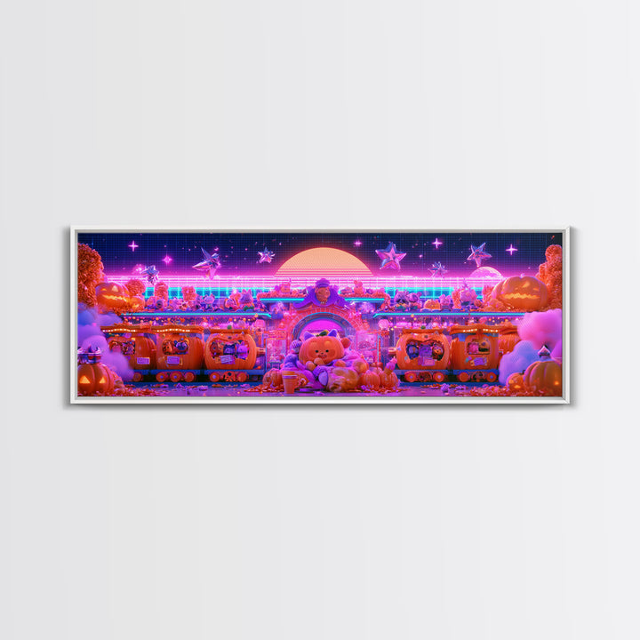 The Pumpkin Train Station, Cute Spooky Neon Art, Extra Wide Wall Art, Framed Canvas Print, Retro Halloween Decor, Neon Wall Art