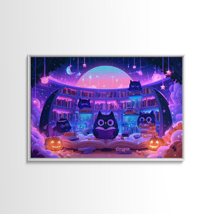 The Moonbeam Library, Synthwave Halloween Art, Landscape Wall Art, Canvas Print, Retro Halloween Decor, Neon Wall Art, Horror Wall Art