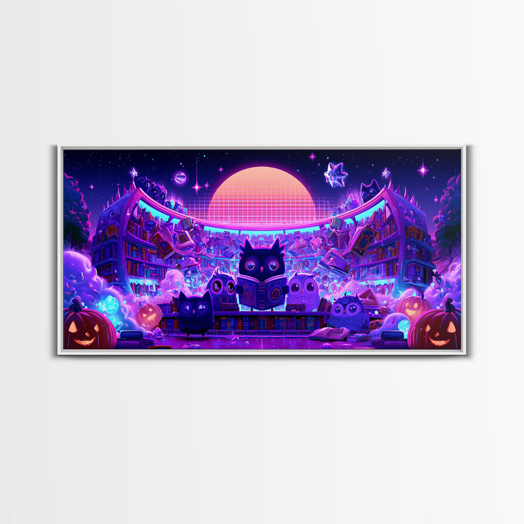 The Moonbeam Library, Vaporwave Halloween Decor, Wide Panoramic Art, Canvas Print, Retro Halloween Decor, Neon Wall Art, Macabre Wall Art