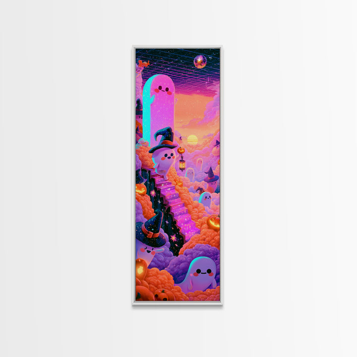 The Halloween Cloud Kingdom, Cute Spooky Neon Art, Tall Narrow Wall Art, Framed Canvas Print, Retro Halloween Decor, Neon Wall Art