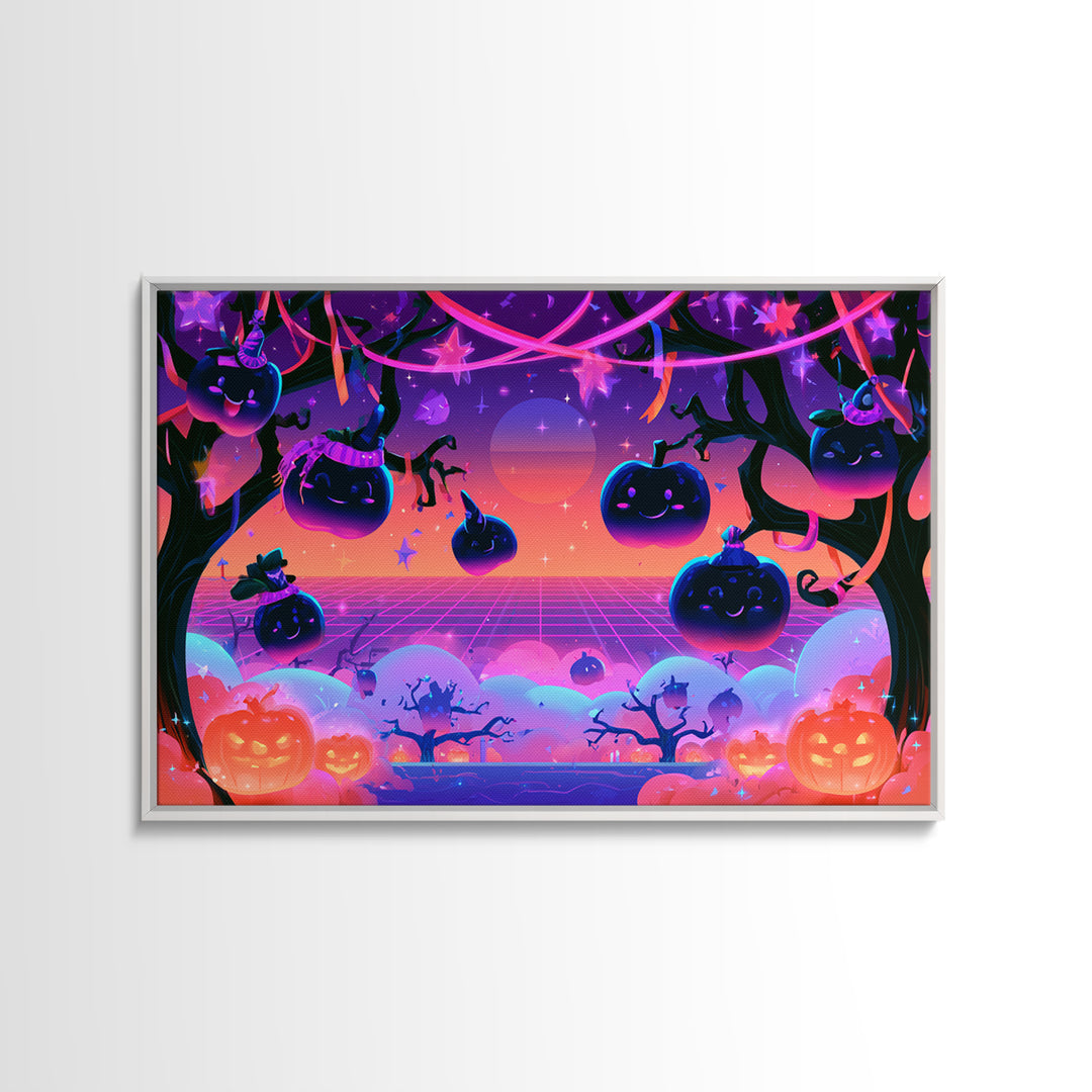 The Enchanted Apple Orchard, Vaporwave Halloween Decor, Landscape Wall Art, Canvas Print, Retro Halloween Decor, Neon Wall Art