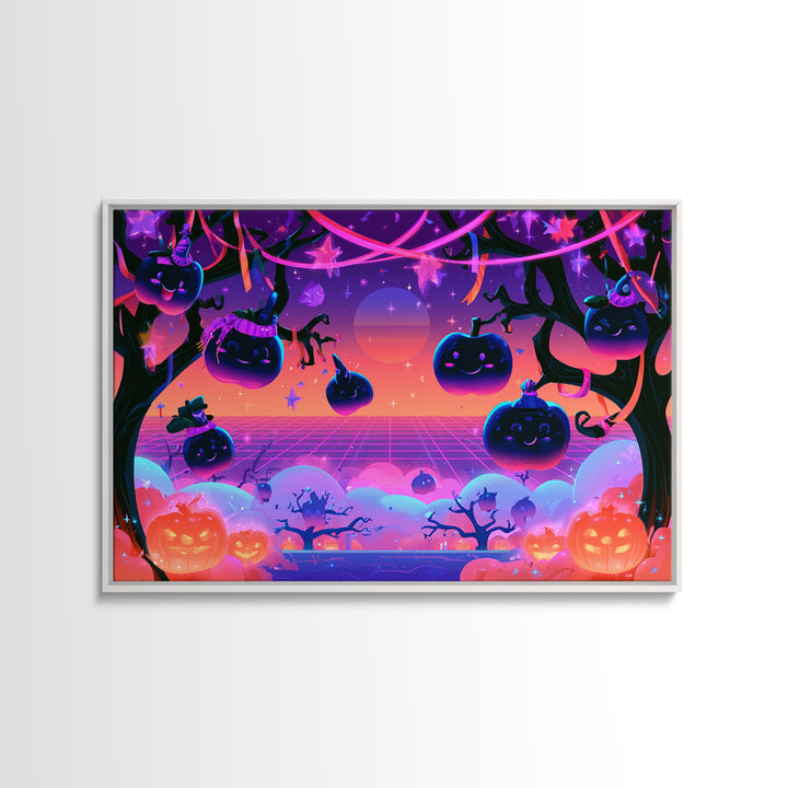 The Enchanted Apple Orchard, Vaporwave Halloween Decor, Landscape Wall Art, Canvas Print, Retro Halloween Decor, Neon Wall Art