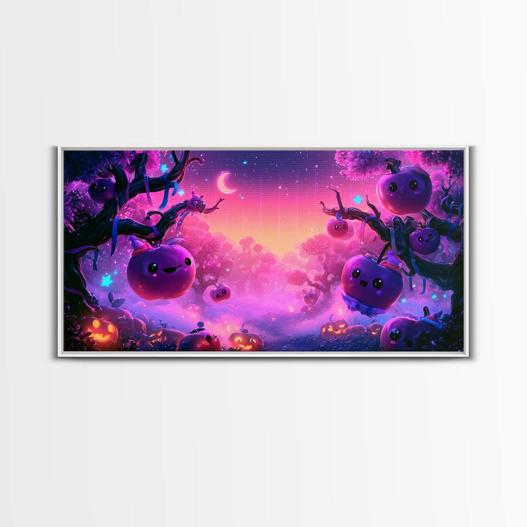 The Enchanted Apple Orchard, 80s Halloween Wall Art, Wide Panoramic Art, Canvas Print, Retro Halloween Decor, Neon Wall Art