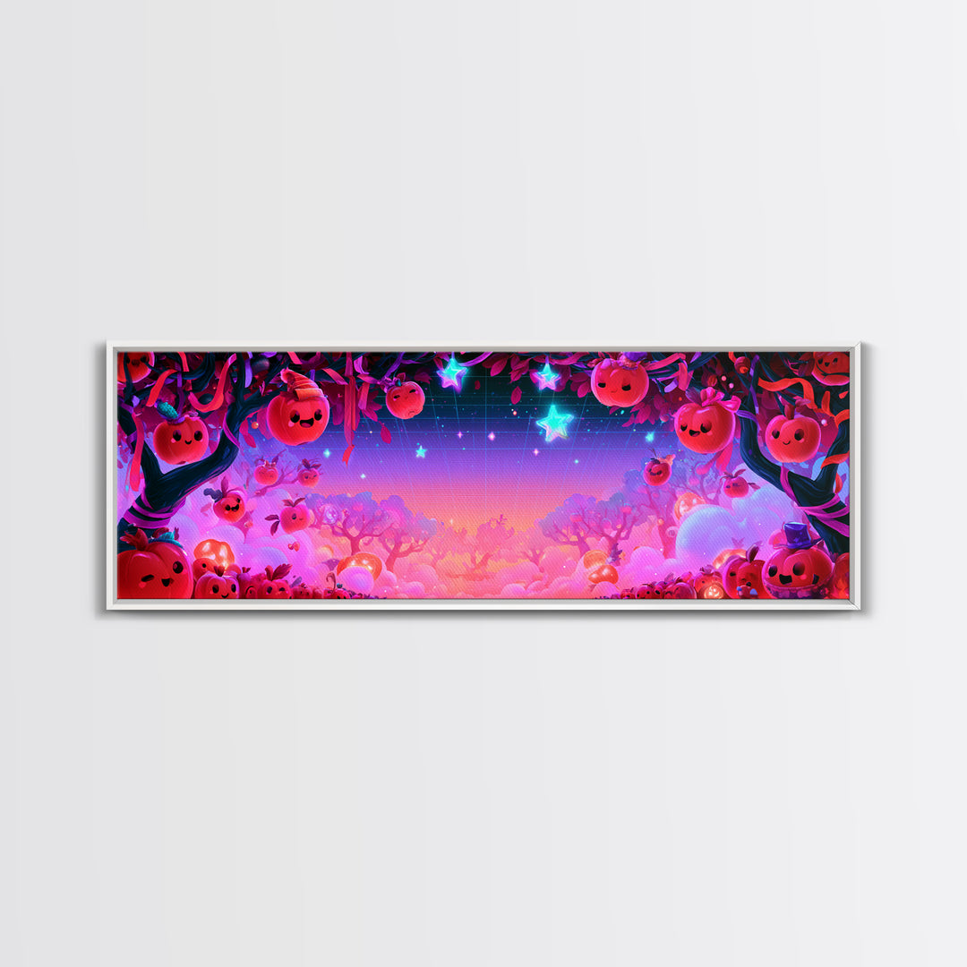 The Enchanted Apple Orchard, Retro Neon Halloween Art, Extra Wide Wall Art, Framed Canvas Print, Retro Halloween Decor, Neon Wall Art