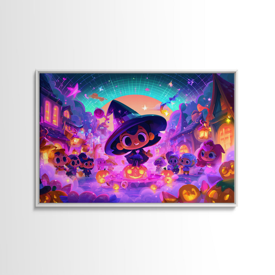 The Trick-Or-Treat Village Square, Synthwave Halloween Art, Landscape Wall Art, Framed Canvas Print, Retro Halloween Decor, Neon Wall Art