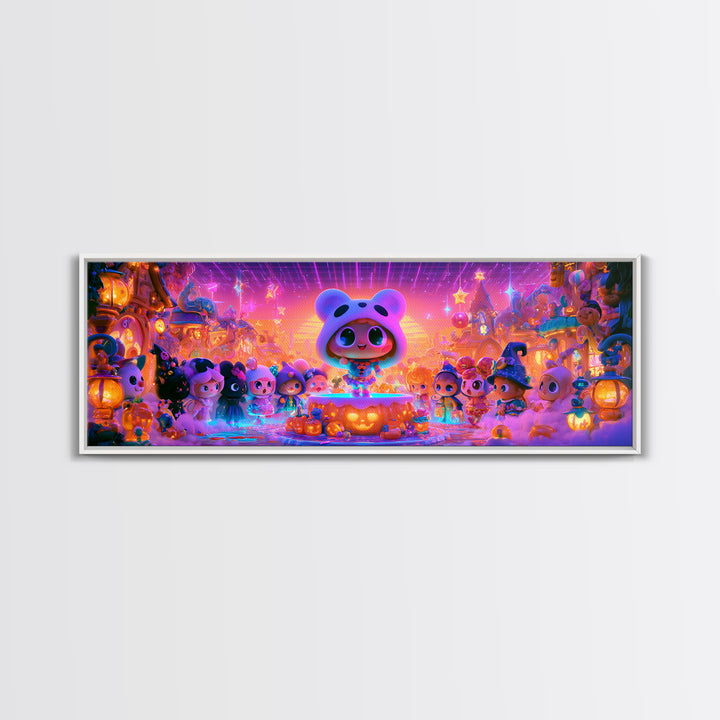 The Trick-Or-Treat Village Square, 80s Halloween Wall Art, Extra Wide Wall Art, Framed Canvas Print, Retro Halloween Decor, Neon Wall Art