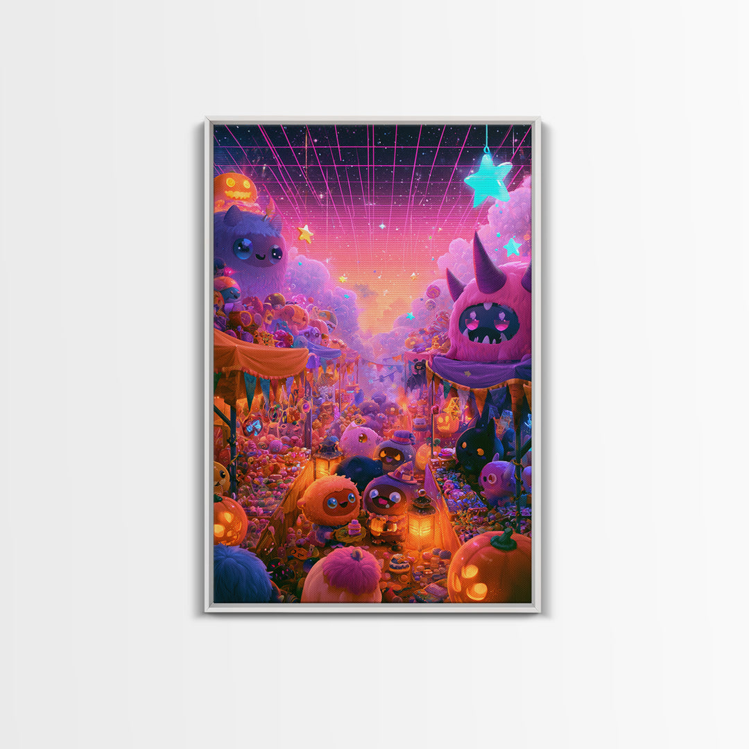 The Friendly Monster Market, Cute Spooky Neon Art, Vertical Wall Art, Framed Canvas Print, Retro Halloween Decor, Neon Wall Art