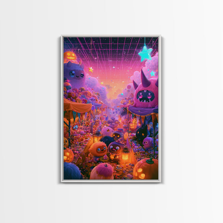 The Friendly Monster Market, Cute Spooky Neon Art, Vertical Wall Art, Framed Canvas Print, Retro Halloween Decor, Neon Wall Art