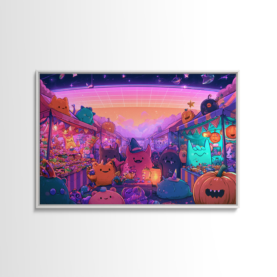 The Friendly Monster Market, Vaporwave Halloween Decor, Landscape Wall Art, Framed Canvas Print, Retro Halloween Decor, Neon Wall Art