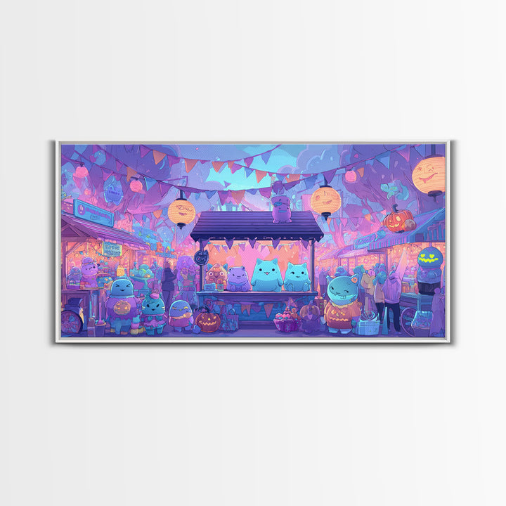 The Friendly Monster Market, 80s Halloween Wall Art, Wide Panoramic Art, Framed Canvas Print, Retro Halloween Decor, Neon Wall Art