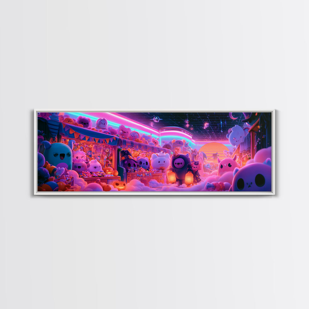 The Friendly Monster Market, 80s Halloween Wall Art, Extra Wide Wall Art, Framed Canvas Print, Retro Halloween Decor, Neon Wall Art