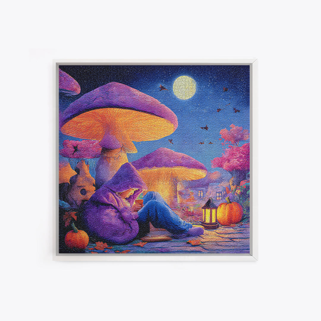 The Lantern-Lit Mushroom Village, Retro Neon Halloween Art, Square Wall Art, Framed Canvas Print, Retro Halloween Decor, Neon Wall Art