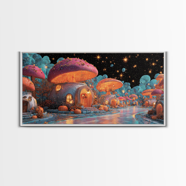 The Lantern-Lit Mushroom Village, Retro Neon Halloween Art, Wide Panoramic Art, Canvas Print, Retro Halloween Decor, Neon Wall Art