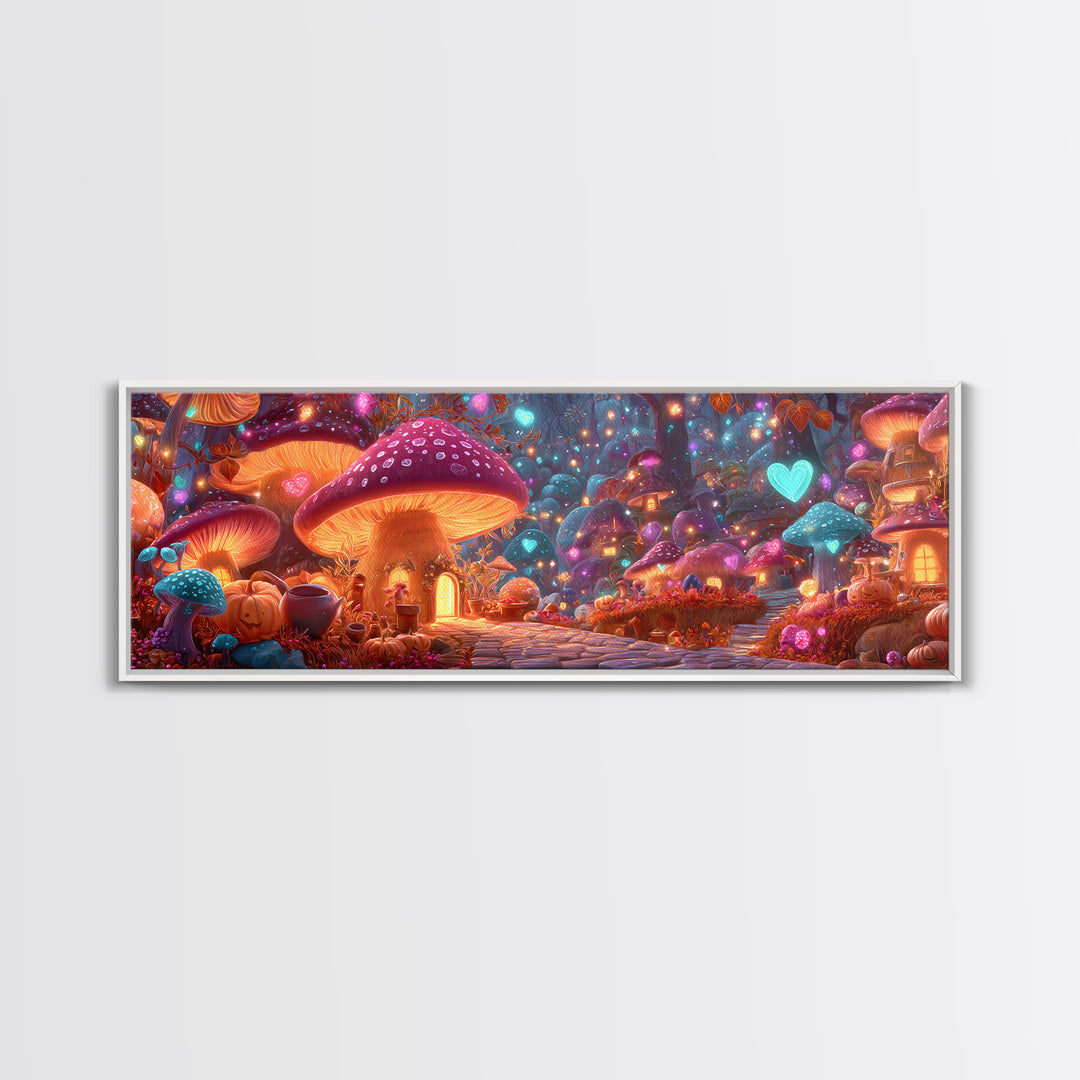 The Lantern-Lit Mushroom Village, 80s Halloween Wall Art, Extra Wide Wall Art, Framed Canvas Print, Retro Halloween Decor, Neon Wall Art
