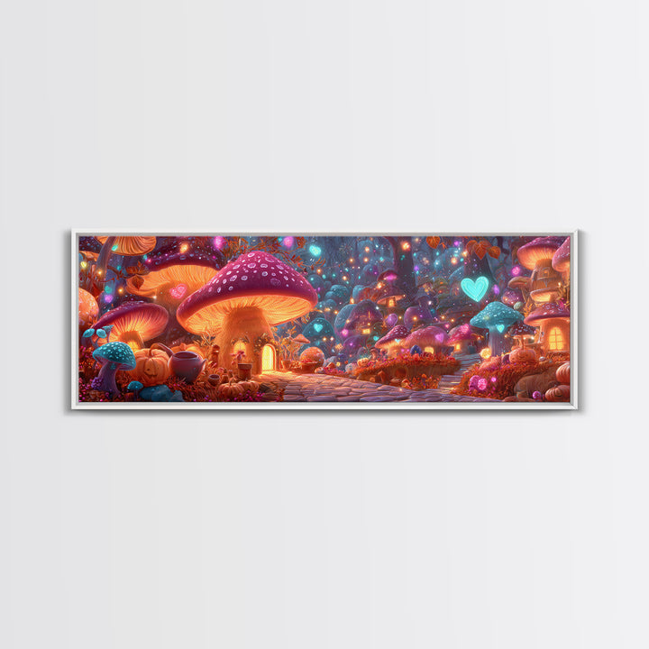 The Lantern-Lit Mushroom Village, 80s Halloween Wall Art, Extra Wide Wall Art, Framed Canvas Print, Retro Halloween Decor, Neon Wall Art