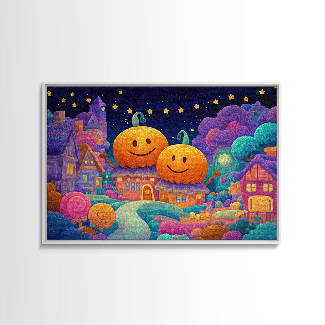 The Starry Pumpkin Farm, Retro Neon Halloween Art, Landscape Wall Art, Canvas Print, Retro Halloween Decor, Neon Wall Art