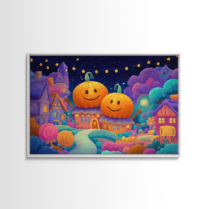 The Starry Pumpkin Farm, Retro Neon Halloween Art, Landscape Wall Art, Canvas Print, Retro Halloween Decor, Neon Wall Art