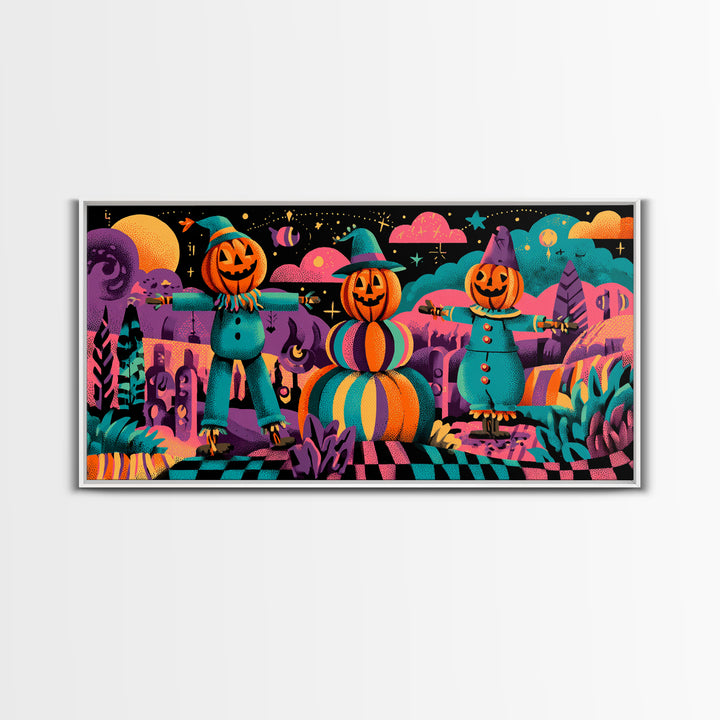 The Starry Pumpkin Farm, 80s Halloween Wall Art, Wide Panoramic Art, Canvas Print, Retro Halloween Decor, Neon Wall Art, Horror Wall Art