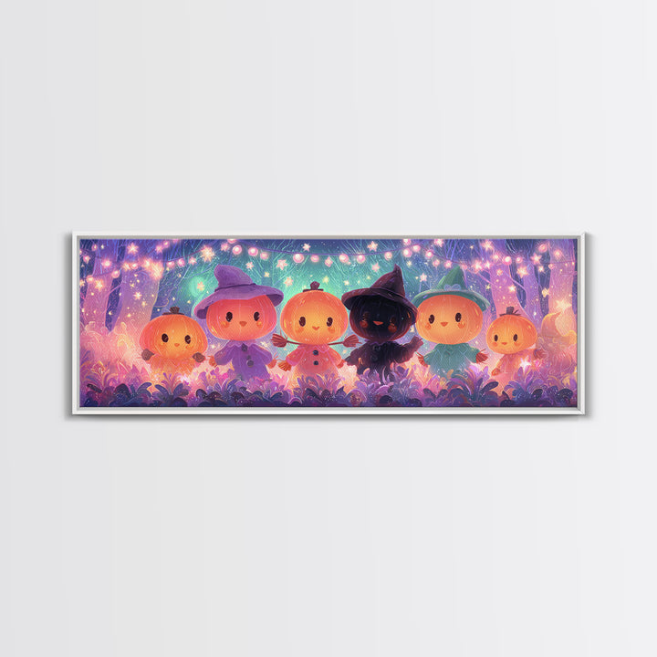 The Starry Pumpkin Farm, Vaporwave Halloween Decor, Extra Wide Wall Art, Framed Canvas Print, Retro Halloween Decor, Neon Wall Art