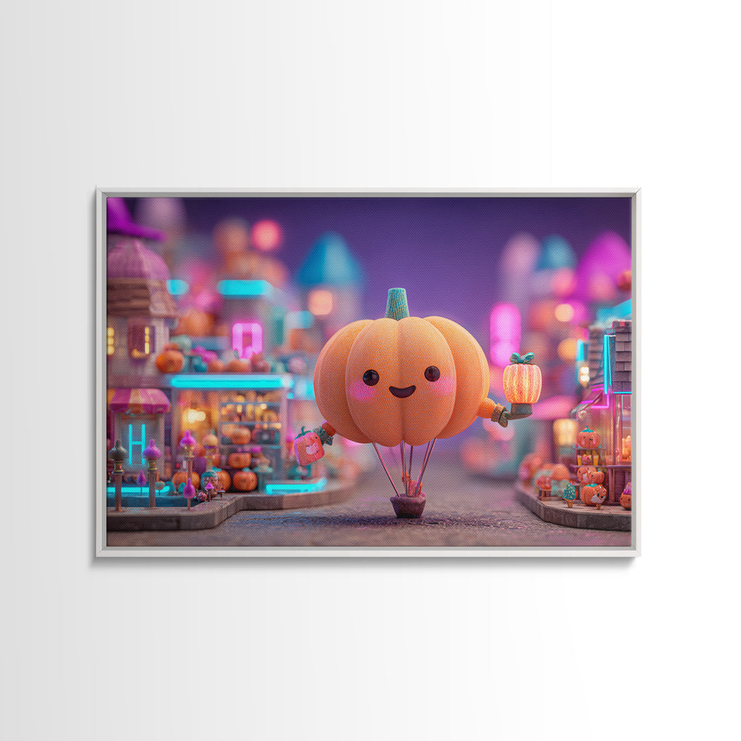 The Pumpkin Balloon Parade, Cute Spooky Neon Art, Landscape Wall Art, Framed Canvas Print, Retro Halloween Decor, Neon Wall Art