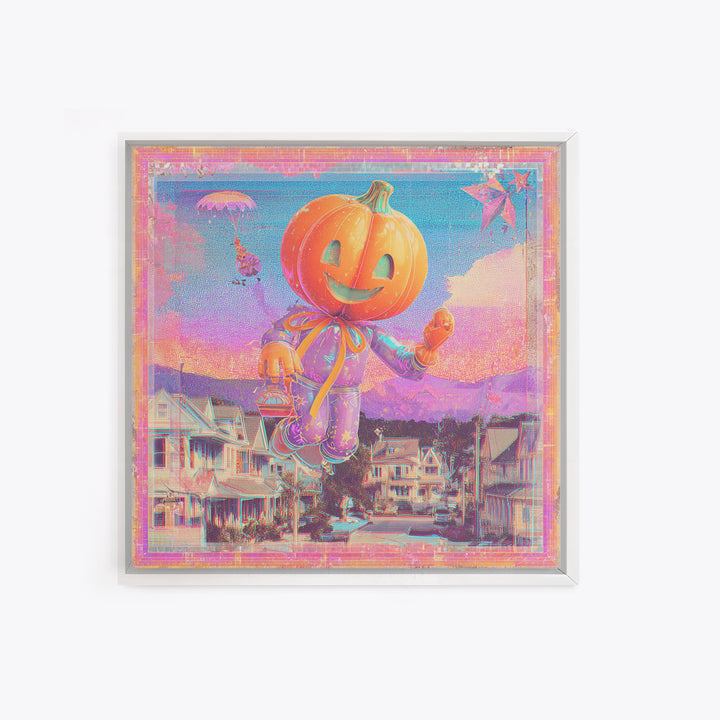 The Pumpkin Balloon Parade, Cute Spooky Neon Art, Square Wall Art, Canvas Print, Retro Halloween Decor, Neon Wall Art, Statement Wall Art