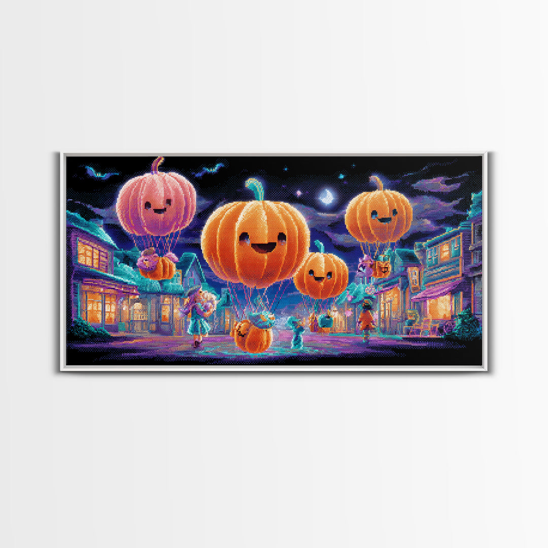 The Pumpkin Balloon Parade, 80s Halloween Wall Art, Wide Panoramic Art, Canvas Print, Retro Halloween Decor, Neon Wall Art