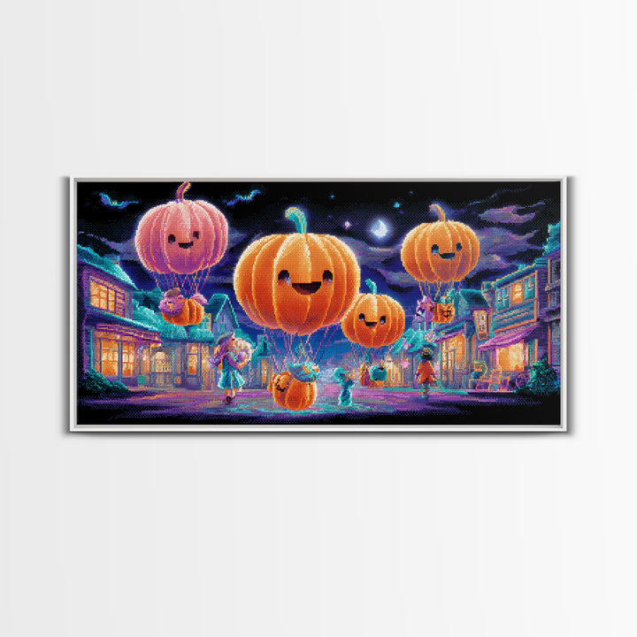 The Pumpkin Balloon Parade, 80s Halloween Wall Art, Wide Panoramic Art, Canvas Print, Retro Halloween Decor, Neon Wall Art