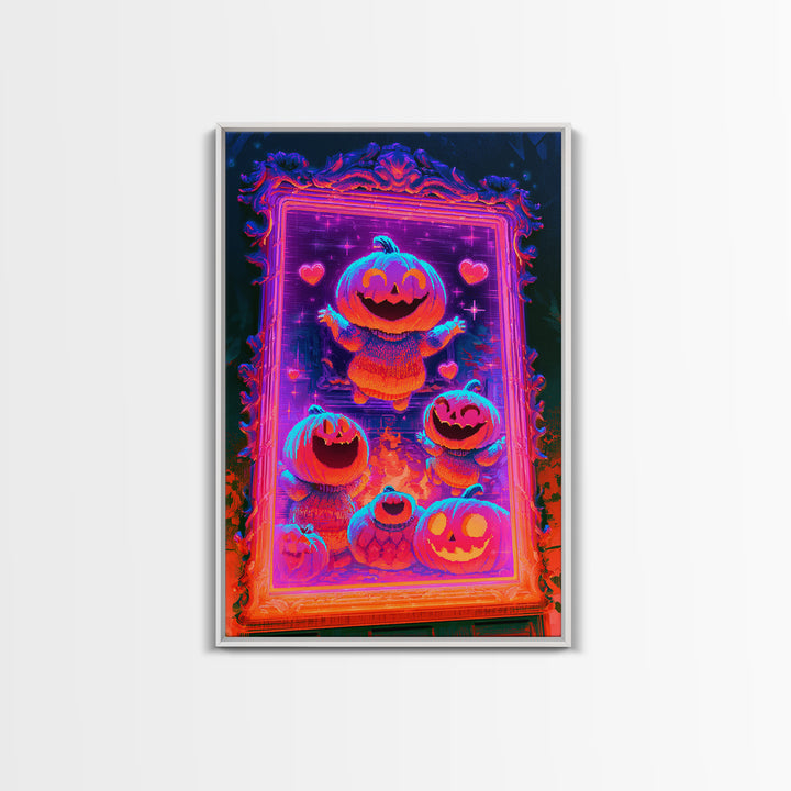 The Pumpkin Family Portrait, Synthwave Halloween Art, Vertical Wall Art, Framed Canvas Print, Retro Halloween Decor, Neon Wall Art