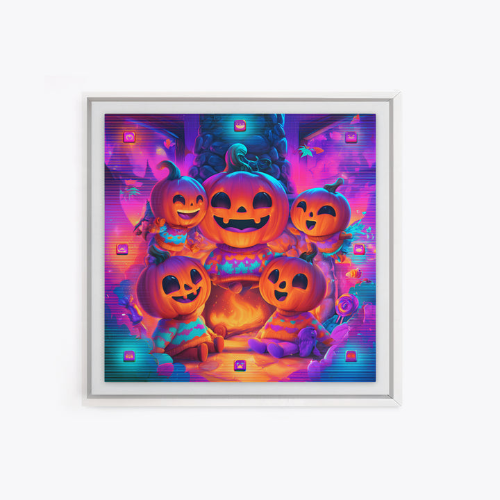 The Pumpkin Family Portrait, 80s Halloween Wall Art, Square Wall Art, Framed Canvas Print, Retro Halloween Decor, Neon Wall Art