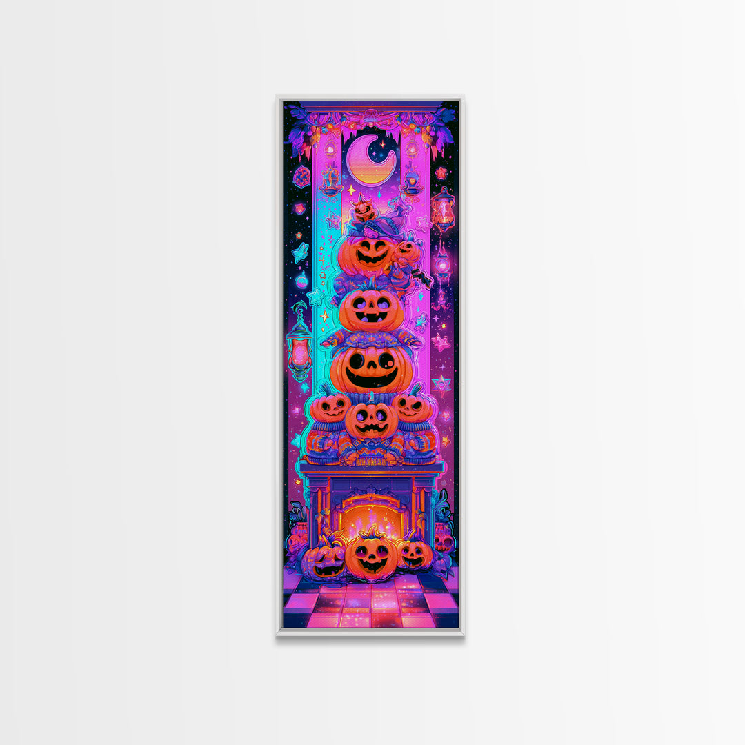 The Pumpkin Family Portrait, Retro Neon Halloween Art, Tall Narrow Wall Art, Canvas Print, Retro Halloween Decor, Neon Wall Art