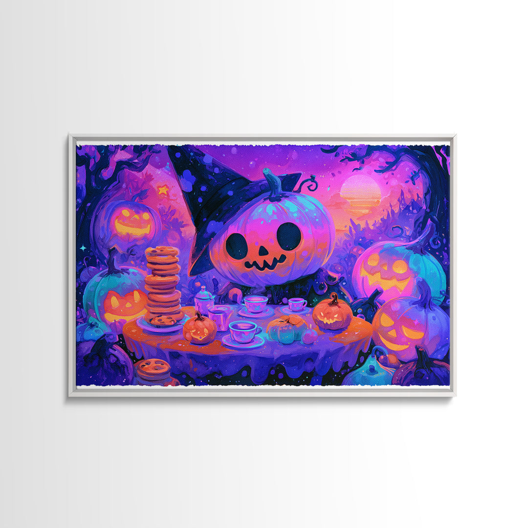 The Pumpkin Tea Party, Retro Neon Halloween Art, Landscape Wall Art, Framed Canvas Print, Retro Halloween Decor, Neon Wall Art