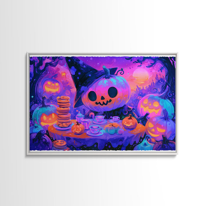 The Pumpkin Tea Party, Retro Neon Halloween Art, Landscape Wall Art, Framed Canvas Print, Retro Halloween Decor, Neon Wall Art